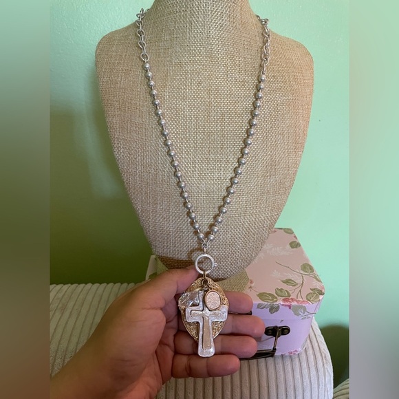Silver Beaded Necklace with Cross Pendants - Picture 1 of 9